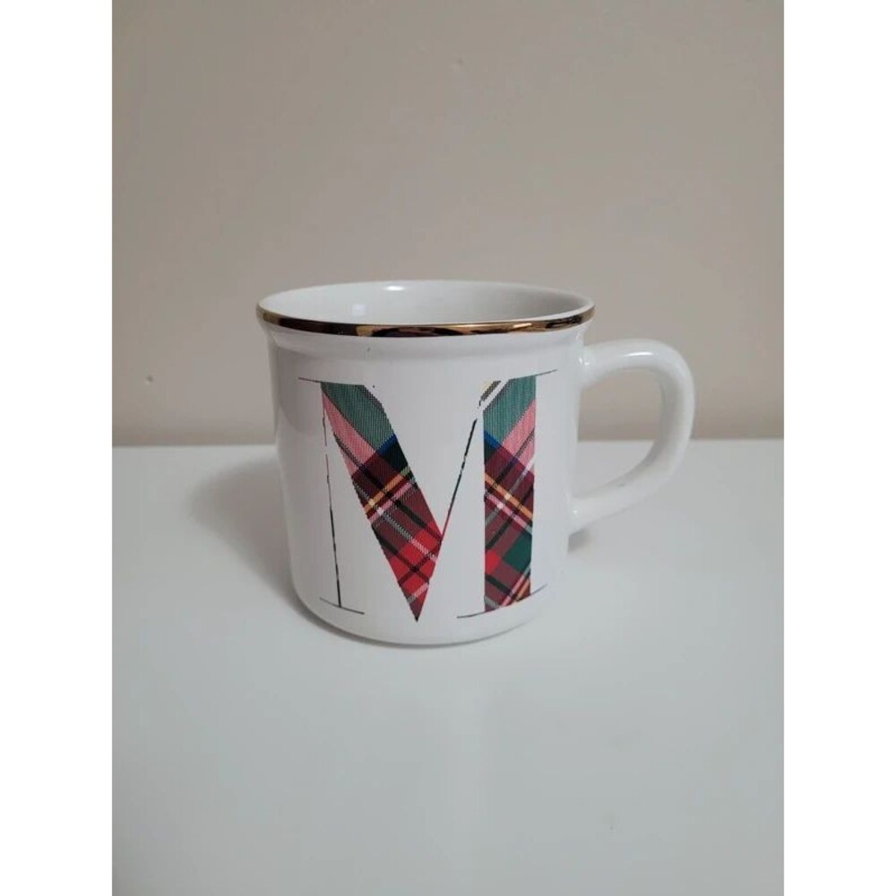 Pottery Barn Stewart Plaid Alphabet Stoneware M Initial Mug